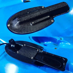 Lowrance Triple Shot transducer mount installed on a carribean blue Hobie kayak hull