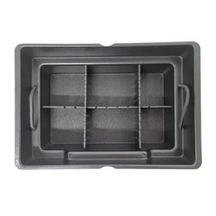 Bucket Bro organiser seen from above with dividers fitted, forming six tackle compartments