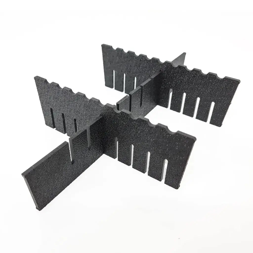 Set of four black Bucket Bro divider panels shown separated on a white background