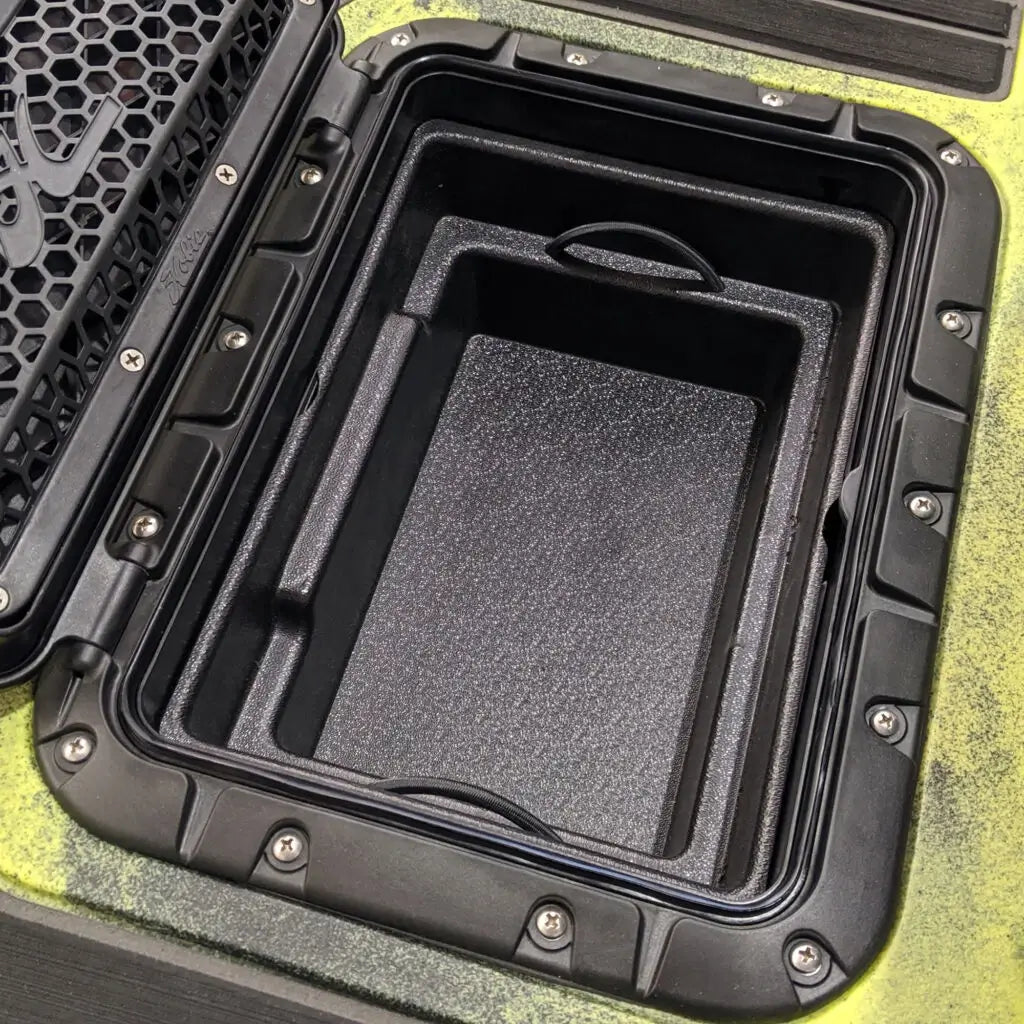 Bucket Bro installed in the rectangular hatch of a Hobie Pro Angler kayak
