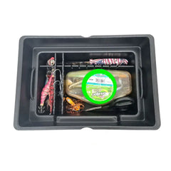 Bucket Bro organiser packed with squid jigs, soft plastics and a leader spool