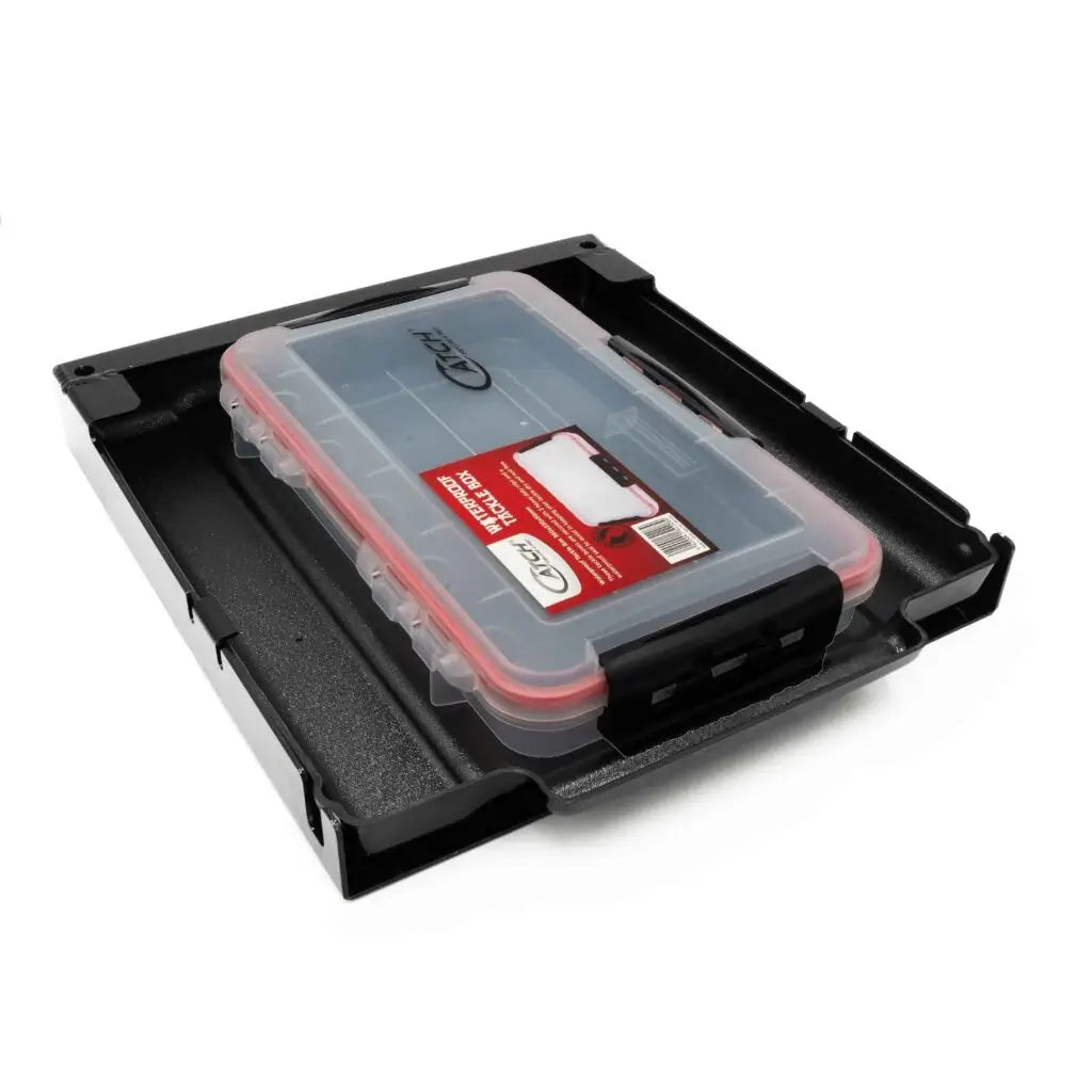 Hobie Outback kayak bottom drawer with a single clear tackle box loaded, three-quarter view