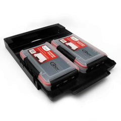 Hobie Outback kayak bottom drawer holding two clear tackle boxes
