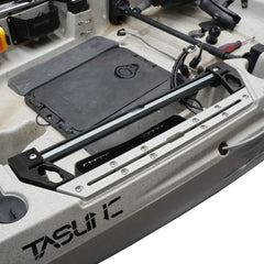 Titan alloy gear track fitted along the gunwale of a dune colored Hobie Outback kayak