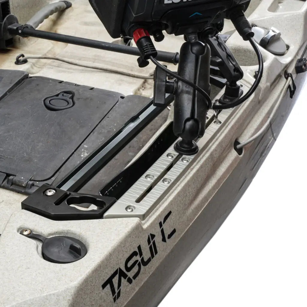 Close-up of a mount clamped onto the Titan gear track on a khaki Hobie Outback gunwale
