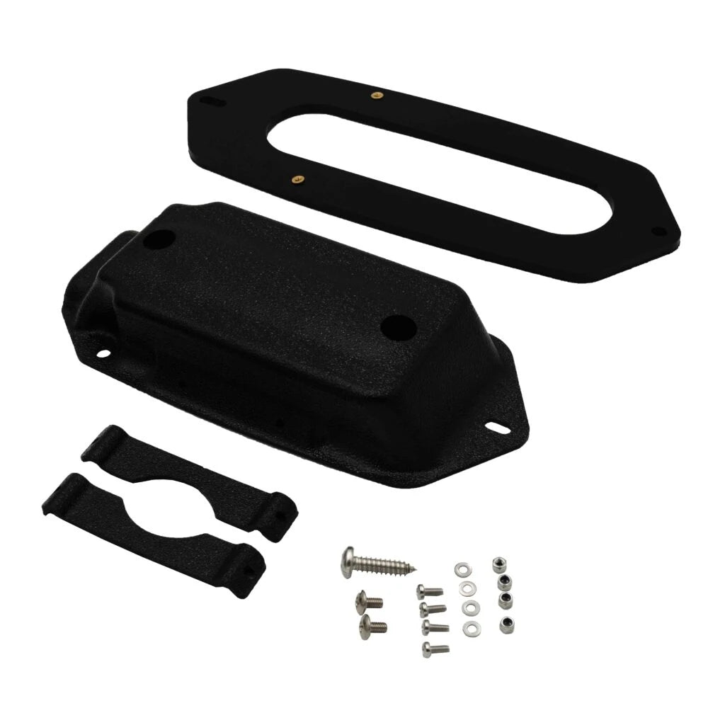 Humminbird Compact SI transducer mount kit with pod, gasket, clamps and screws laid out