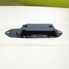 Transducer pod installed on the white hull of a Hobie Passport 12 kayak