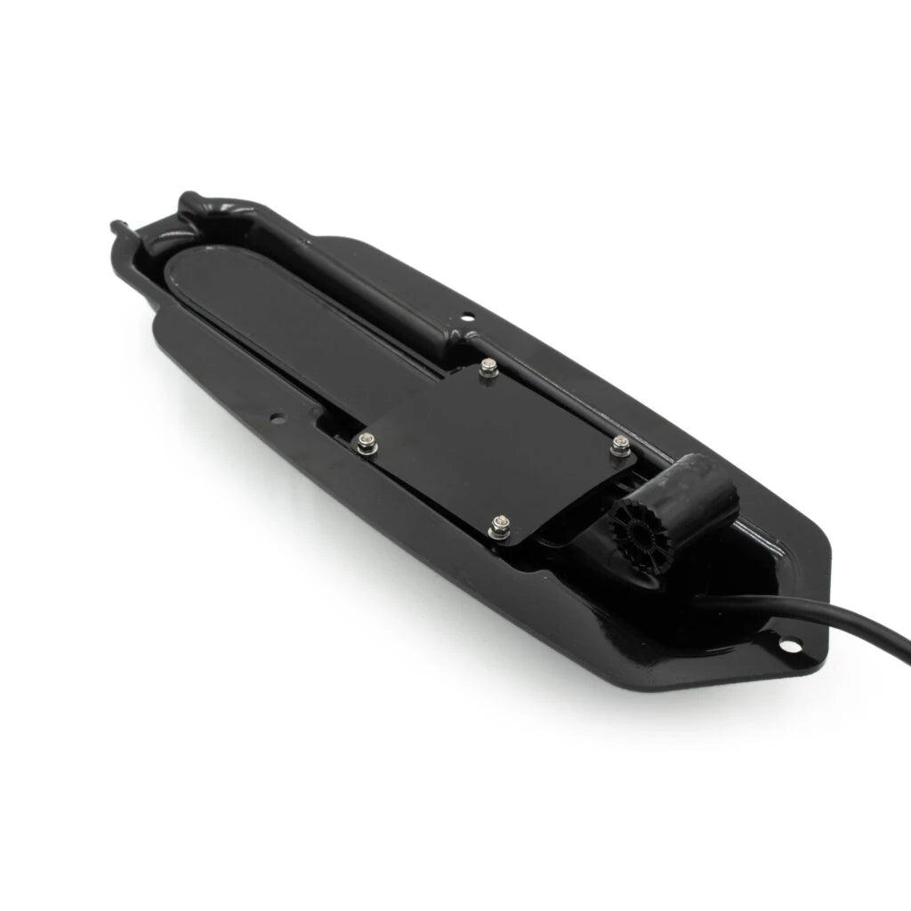 Lowrance Eagle TripleShot transducer seated in the black mount pod, viewed from above