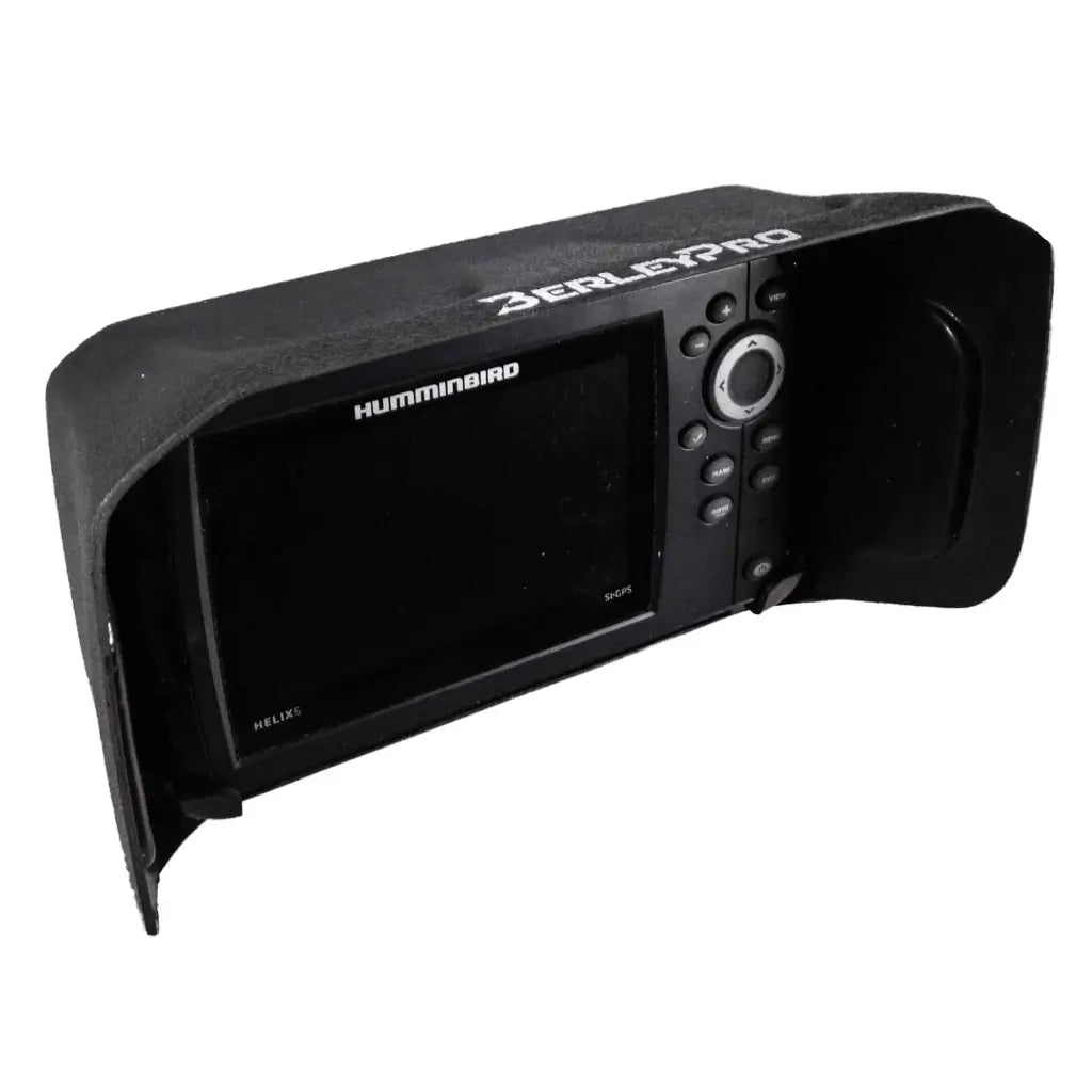 Visor fitted to a Humminbird Helix 5 fish finder, three-quarter view on a white background