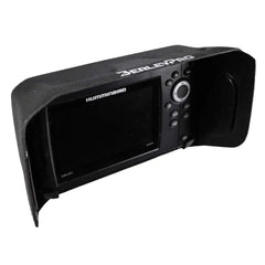 Visor fitted to a Humminbird Helix 5 fish finder, three-quarter view on a white background