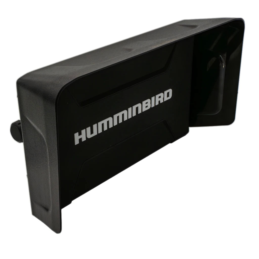 Visor for the Humminbird Apex 16 fish finder with the branded screen cover fitted, viewed side-on