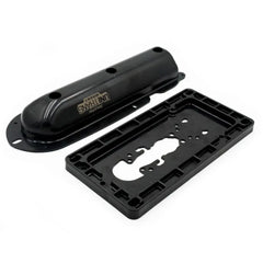 BerleyPro UNI TRANS transducer cover shown beside its rectangular backing plate on white