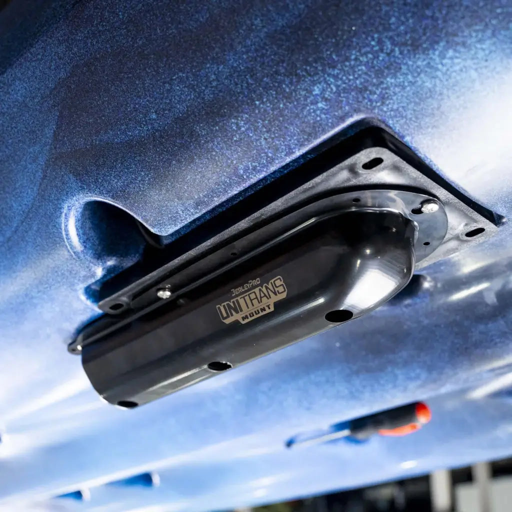 BerleyPro UNI TRANS transducer mount fitted to a blue speckled K2F kayak hull with the transducer in it