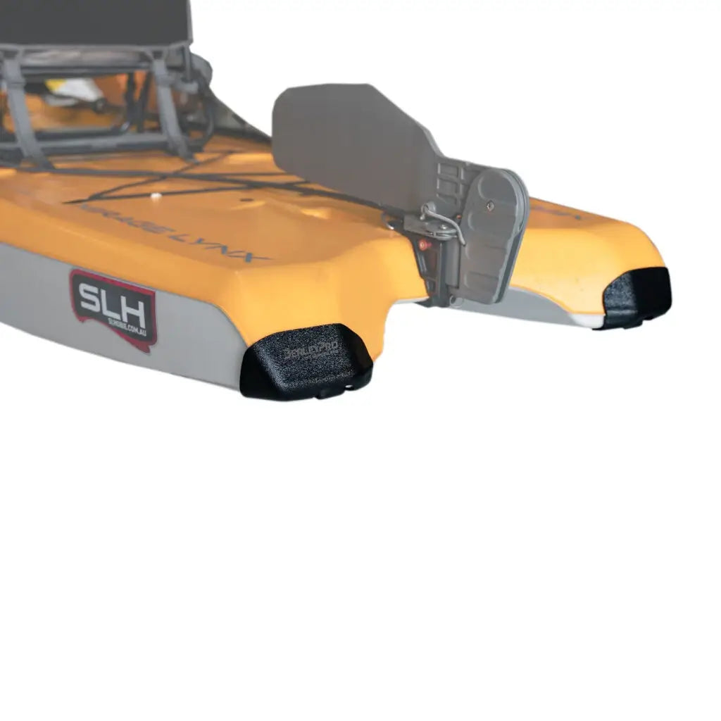 Orange Hobie Lynx shown on white with both bow and stern Bumper Bro guards fitted