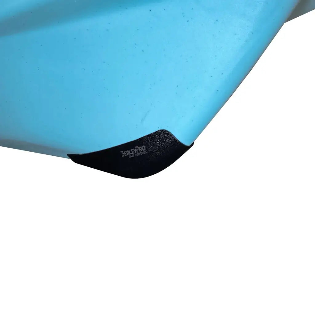 Bumper Bro fitted to the bow of a bright blue Bonafide SS127 fishing kayak