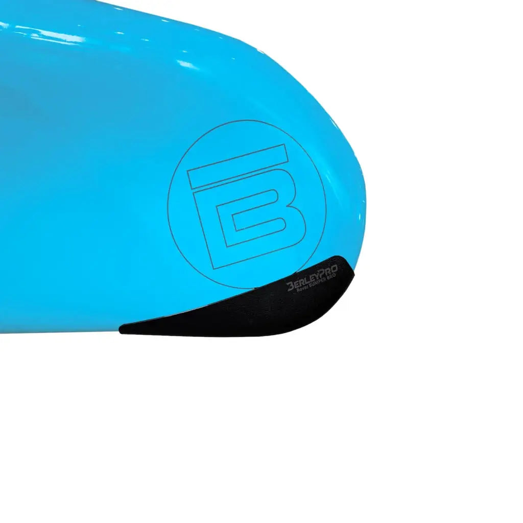 Bumper Bro fitted to the bow of a bright blue Bote Rover