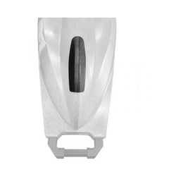 White K2F kayak bow viewed head-on with the black Bumper Bro