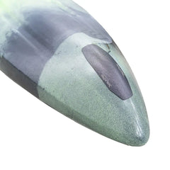 Bumper Bro fitted to the bow of a sage and purple camo Crescent Shoalie kayak, viewed from above