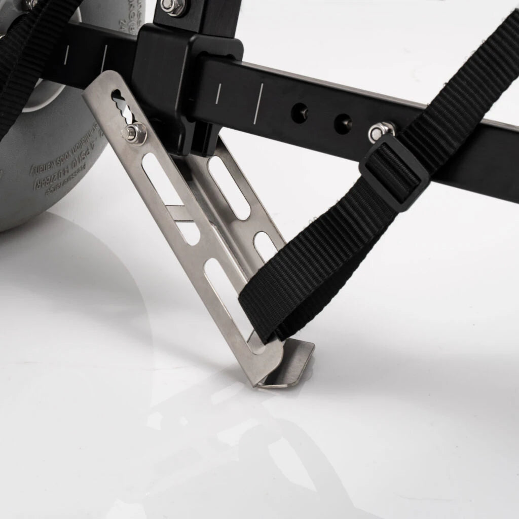 Close-up of the Kimmi Cart kayak trolley aluminium kick-stand leg and its black securing strap