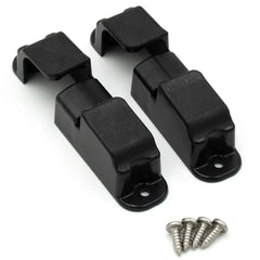 Pair of black Berleypro Reel Dock holders shown with their stainless mounting screws