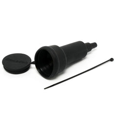 Connector Protector shown as a black rubber boot and screw cap with a cable tie