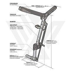 Dimensioned drawing of the Berleypro Will-I kayak loader labelling crossbars, cradles, gas strut and drawbar