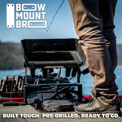 Bow Mount Bro promo panel showing the bracket on a bass boat bow deck