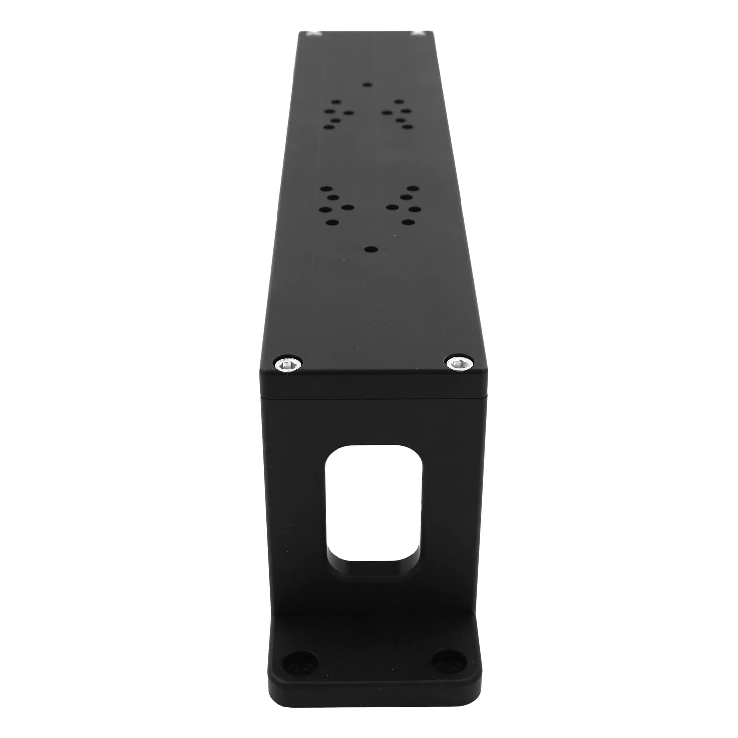 Bow Mount Bro bracket seen from above, showing the cable slot and drilled mounting holes