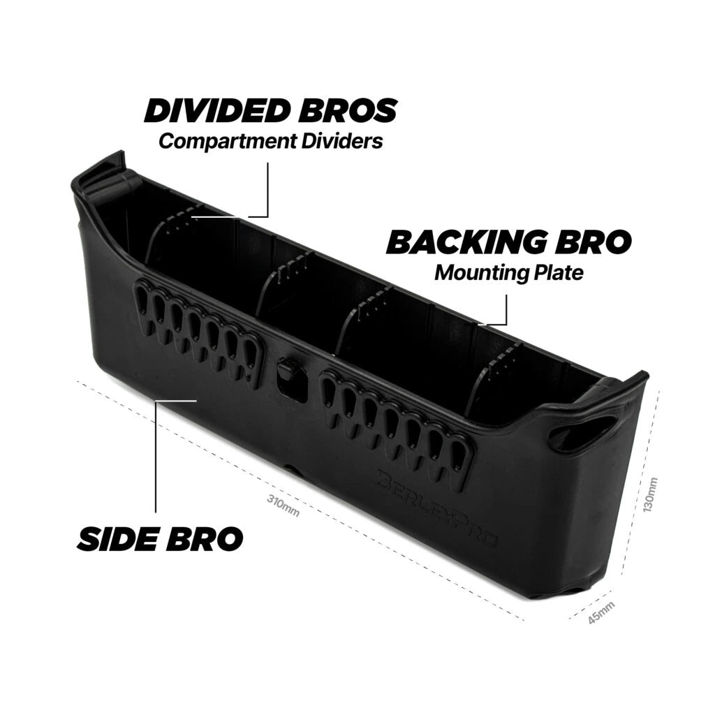 Labelled diagram of the BerleyPro Side Bro with Divided Bros, Backing Bro and overall dimensions