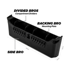 Labelled diagram of the BerleyPro Side Bro with Divided Bros, Backing Bro and overall dimensions