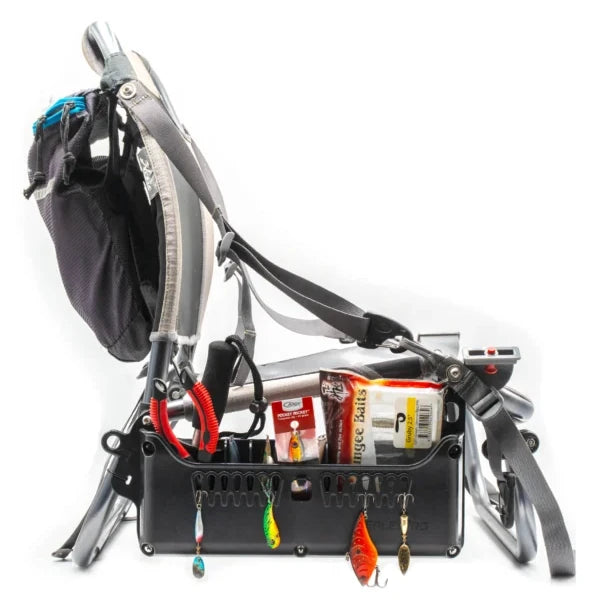 Hobie Lynx seat frame with the Side Bro caddy loaded with lures, pliers and tackle
