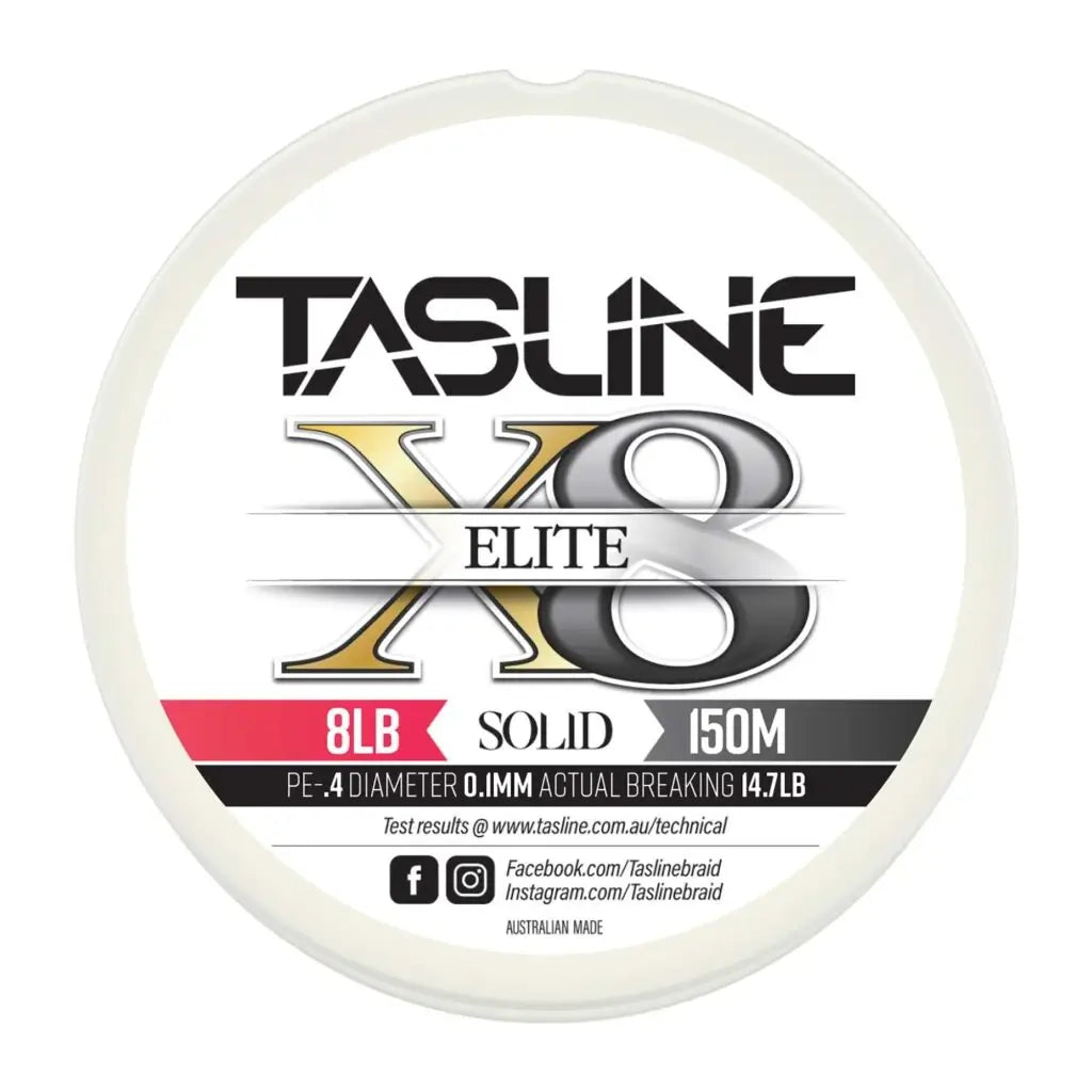 Tasline Elite X8 solid braid spool graphic, 8lb rating on a 150m spool with breaking strain data