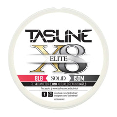 Tasline Elite X8 solid braid spool graphic, 8lb rating on a 150m spool with breaking strain data