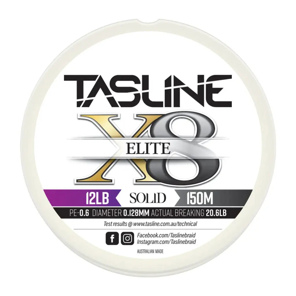 Tasline Elite X8 solid braid spool graphic, 12lb rating on a 150m spool with breaking strain data