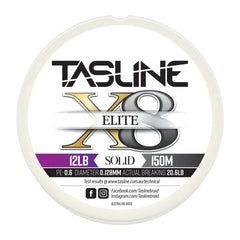 Tasline Elite X8 solid braid spool graphic, 12lb rating on a 150m spool with breaking strain data