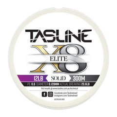 Tasline Elite X8 solid braid spool graphic, 12lb rating on a 300m spool with breaking strain data