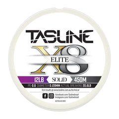 Tasline Elite X8 solid braid spool graphic, 12lb rating on a 450m spool with breaking strain data