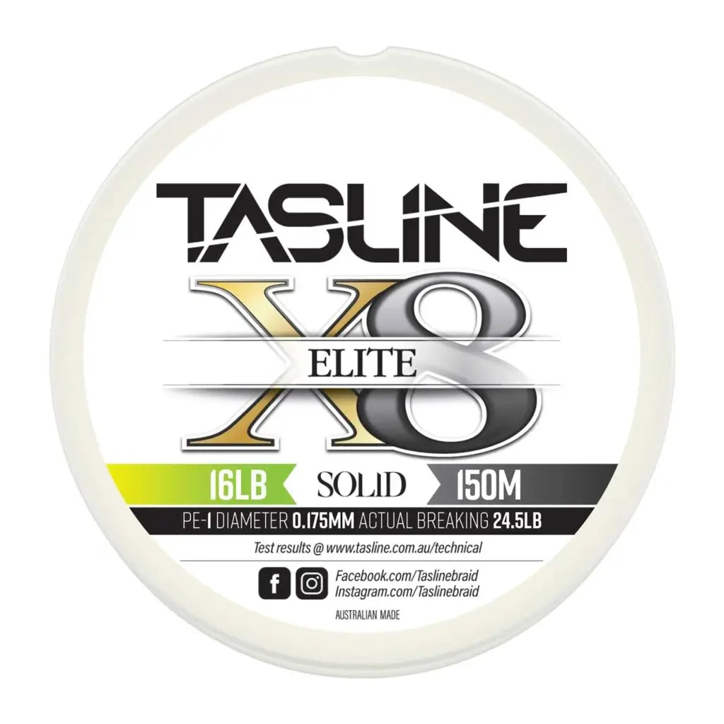 Tasline Elite X8 solid braid spool graphic, 16lb rating on a 150m spool with breaking strain data