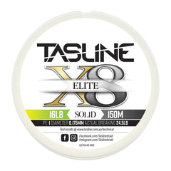 Tasline Elite X8 solid braid spool graphic, 16lb rating on a 150m spool with breaking strain data