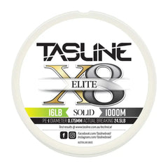 Tasline Elite X8 solid braid spool graphic, 16lb rating on a 1000m spool with breaking strain data