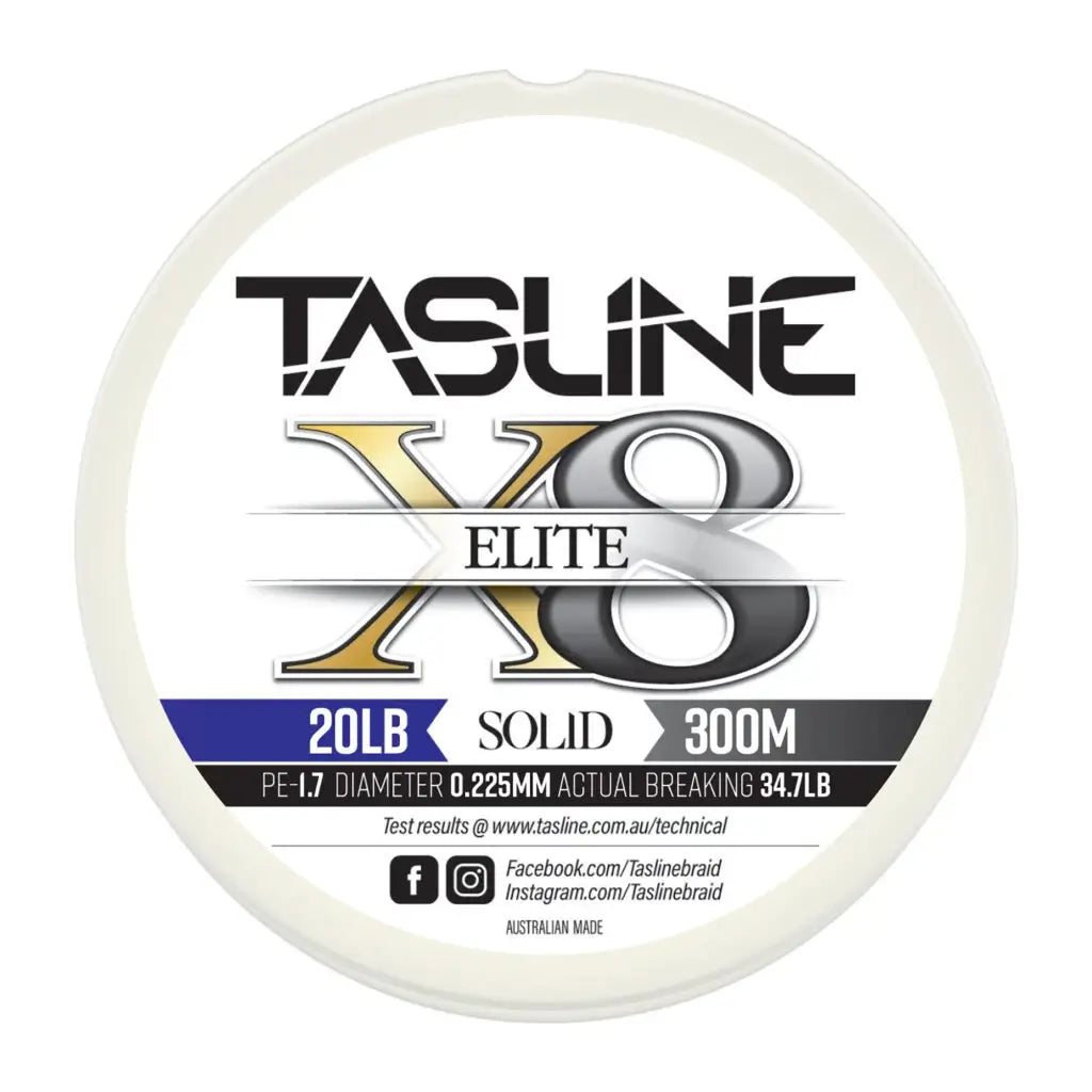 Tasline Elite X8 solid braid spool graphic, 20lb rating on a 300m spool with breaking strain data