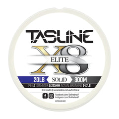 Tasline Elite X8 solid braid spool graphic, 20lb rating on a 300m spool with breaking strain data