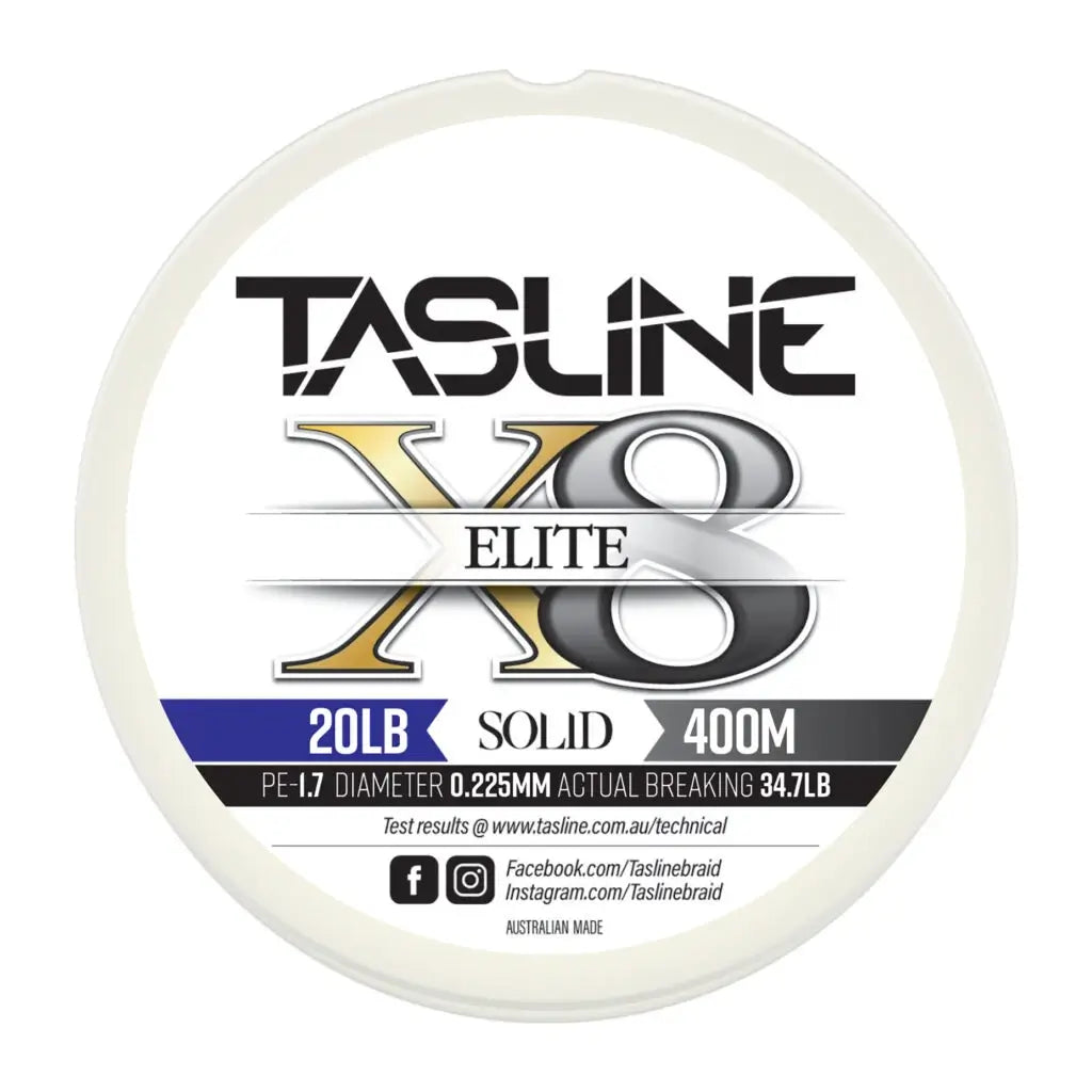 Tasline Elite X8 solid braid spool graphic, 20lb rating on a 400m spool with breaking strain data