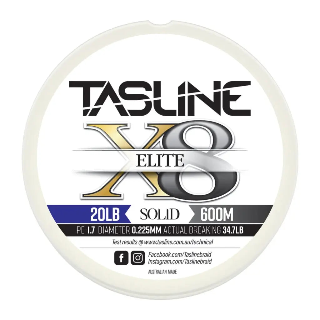 Tasline Elite X8 solid braid spool graphic, 20lb rating on a 600m spool with breaking strain data