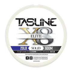 Tasline Elite X8 solid braid spool graphic, 20lb rating on a 600m spool with breaking strain data