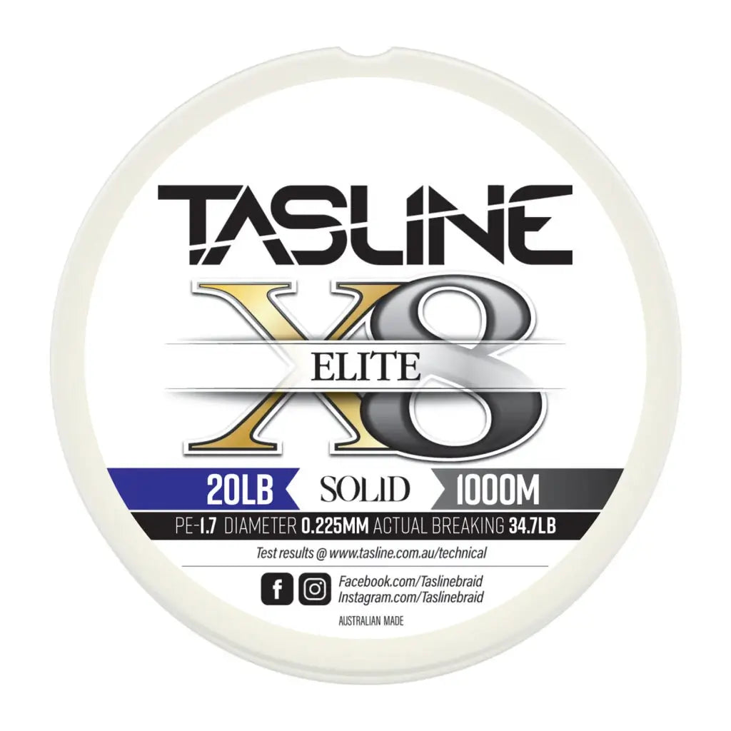 Tasline Elite X8 solid braid spool graphic, 20lb rating on a 1000m spool with breaking strain data