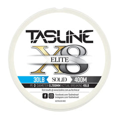Tasline Elite X8 solid braid spool graphic, 30lb rating on a 400m spool with breaking strain data