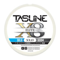Tasline Elite X8 solid braid spool graphic, 30lb rating on a 600m spool with breaking strain data