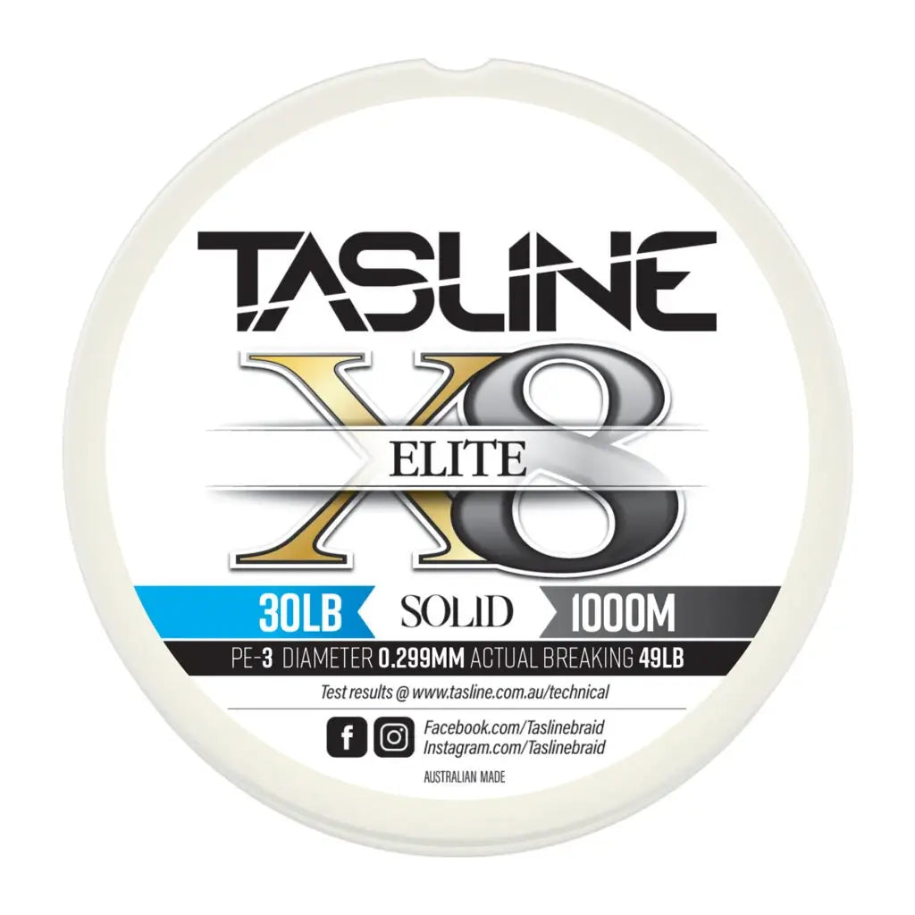 Tasline Elite X8 solid braid spool graphic, 30lb rating on a 1000m spool with breaking strain data