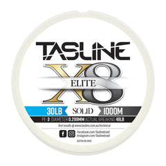 Tasline Elite X8 solid braid spool graphic, 30lb rating on a 1000m spool with breaking strain data